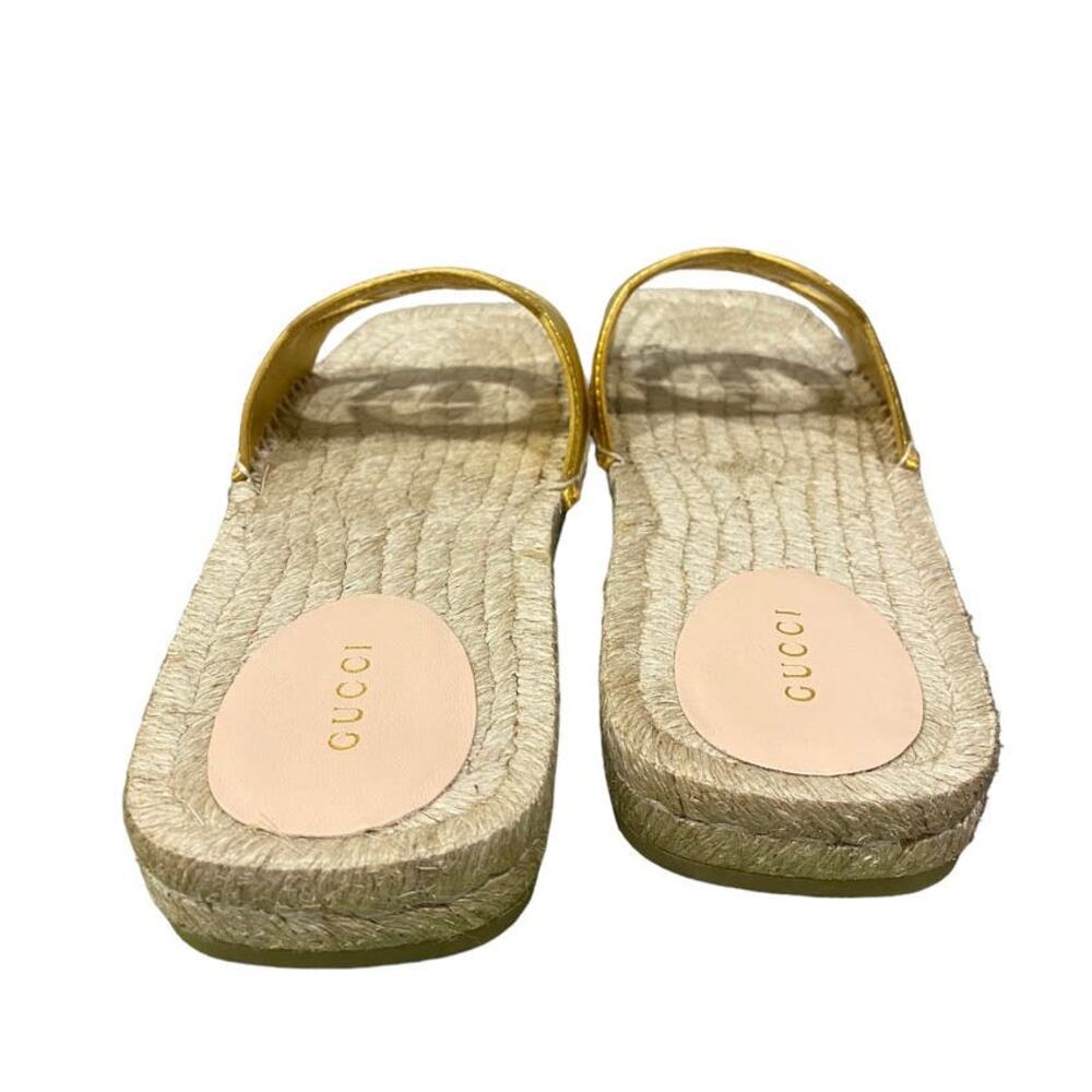 Gucci Interlocking G Cut Out Espadrille Gold Leather GG Slide Sandal 38.5 - Picture 6 of 10